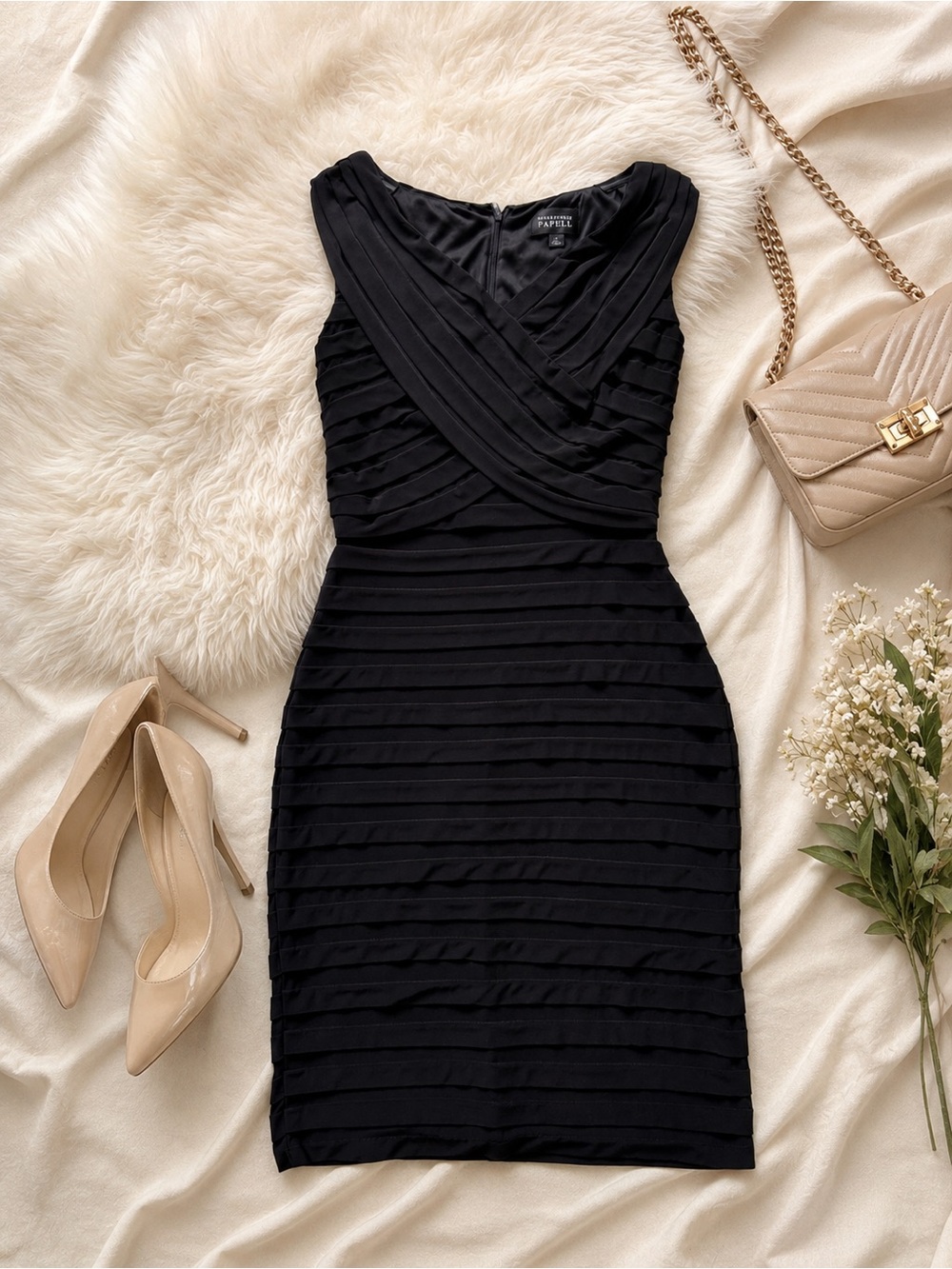 Adrianna Papell Black Sleeveless V-Neck Bandage Midi Dress